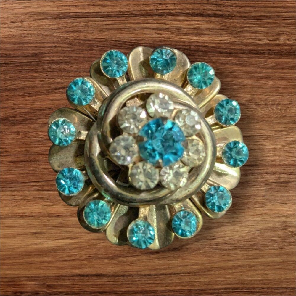 Vintage Floral Brooch Blue & Clear Rhinestones Retro Jewelry Pin Gold tone
